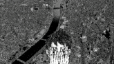 a black and white drawing of a man covering his face in front of a city with a river .