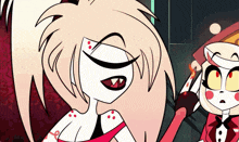 a close up of a cartoon character 's face with a flame in her mouth