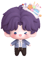 a doll with purple hair has a birthday cake on his head