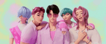 a group of cartoon characters standing next to each other on a pink background .