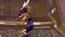 a cartoon character wearing purple shorts and a purple hat with the letter n on it