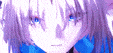 a close up of a anime character 's face with purple hair and blue eyes