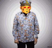 a man wearing a floral shirt and a viking helmet with the name rezen on the bottom left