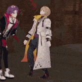 a man with purple hair stands next to a man in a white coat