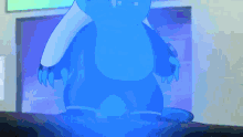 a blue cartoon character is standing in front of a window