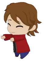 a cartoon character with brown hair is wearing a red jacket and blue jeans