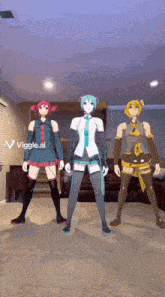 three anime characters are standing next to each other in a living room with a couch .