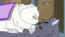 a cartoon of a white cat and a gray cat looking at each other