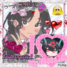 a picture of a girl with the words cutie babygirl i love my boyfriend