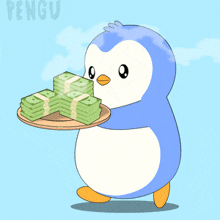 a penguin is holding a tray with stacks of money on it and the word pengu on the bottom