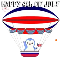 a penguin is flying in a hot air balloon with the words happy 4th of july below it