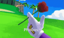 a hand in a white glove is holding a red rose and the word phobos is on the screen