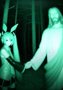 jesus and hatsune miku are holding hands in a forest