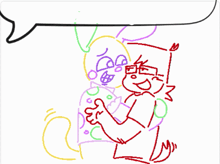 a drawing of two cartoon characters with a speech bubble in the background