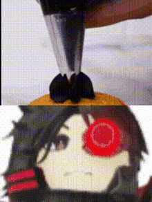 a close up of a person frosting a cake next to a picture of a person with red eyes