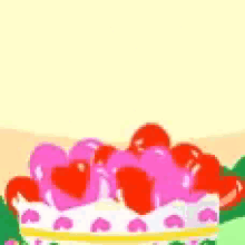 a cartoon bunny is sitting on top of a cake with hearts on it .