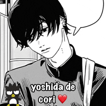 a black and white drawing of a boy with the words yoshida de cori written on it