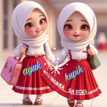 two girls wearing hijabs and red skirts with the names ayuk and kupik on them