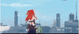 a cartoon girl with red hair is standing in front of a city skyline .