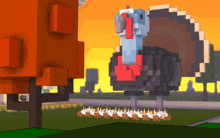 a pixelated turkey stands in front of a row of tables with candles on them