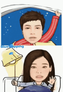 a cartoon of a man holding a lamp and a woman waving