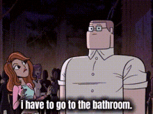 a cartoon of a man and a woman talking about going to the bathroom .