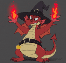 a cartoon dragon is wearing a witch hat and holding a fireball