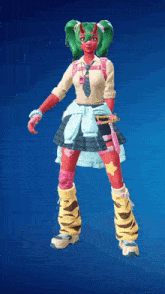 a girl with green hair and horns is wearing a tie and knee pads