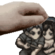 a pixel art of a hand touching a person 's head .