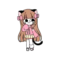 a cartoon girl with long brown hair and cat ears is wearing a pink sweater and a pink skirt .
