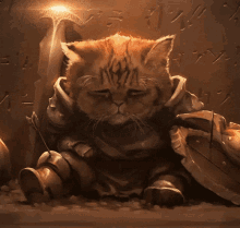 a cat in armor holds a sword and shield in front of a wall with arabic writing