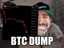 a man is smiling in front of a bitcoin chart