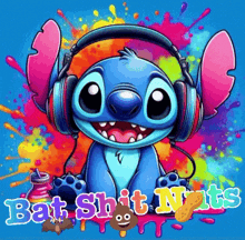 a cartoon of stitch wearing headphones with the words bat shit nuts written below it .