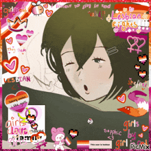 a picture of a girl surrounded by hearts and the words lesbian rights