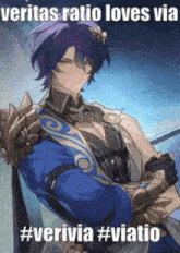 a purple haired anime character with the caption veritas ratio loves via
