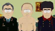 three cartoon characters are standing next to each other and one of them has the letter r on his shirt