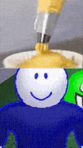 a close up of a person 's face with a smiley face and a bowl of food in the background .