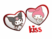 a picture of kuromi and my melody with the word kiss underneath them