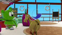 a gummy bear standing next to a goat in a living room with a sign that says creations friends