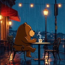a cartoon of a bear sitting at a table with a cup of coffee