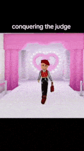 a girl is walking down a runway with the words conquering the judge behind her