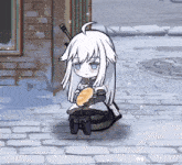 a girl with white hair and blue eyes is sitting on a brick sidewalk holding a bread loaf