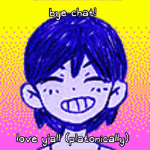 a cartoon of a boy with blue hair and the words bye chat love y'all platonically