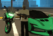 a man holding a gun stands next to a green car