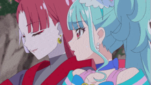 two anime girls are standing next to each other and looking at something