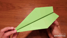 a person is holding a green paper airplane that was made in animatica