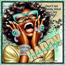 a picture of a woman laughing with the words happy tuesday written on it