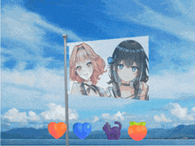 a picture of two anime girls on a flag