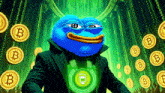 a blue frog surrounded by gold coins with the letter b on it