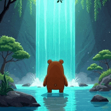 a teddy bear stands in front of a waterfall